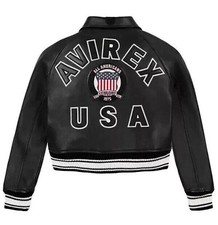 Women's Avirex USA Crop Style Black Icon Cowhide Leather Bomber Biker Jacket