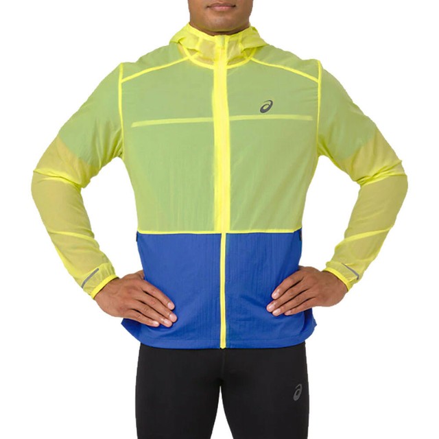 asics mens accelerate wind and waterproof hooded running jacket sulphur spring