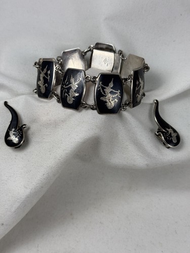 Set Bracelet Earrings Sterling Silver Niello Ware Dancers 925 Jewelry - Picture 9 of 12