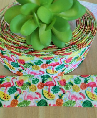 1.5'' (1 YD) Pink Flamingo Grosgrain Ribbon Pineapple Watermelon Tropical Palms