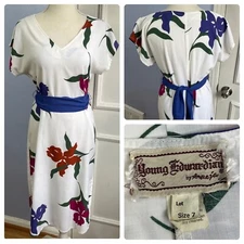 70s Vintage Young Edwardian Floral Print Midi Dress Belted Women's Size Small
