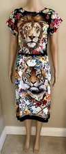 DOLCE & GABBANA Silk Dress Floral Print w/ Lion & Tiger Head Image Size 40 Rare
