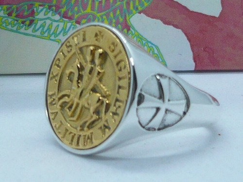 ANELLO SIGILLO TEMPLARI ARGENTO 925 E ORO RING STERLING SILVER TEMPLAR RING - Foto 3 di 6