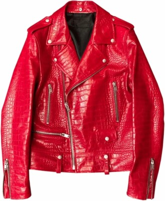 Men's Red Alligator Leather Motorcycle Biker Crocodile Embossed