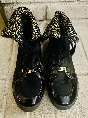 Rare Michael Kors Girls Size 4 US Shoes Black Roll Down Gold Shimmer Cheetah