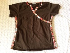UA Scrub Top Brown with Light Red/Pink Accents On Side And V-Neckline Size Small