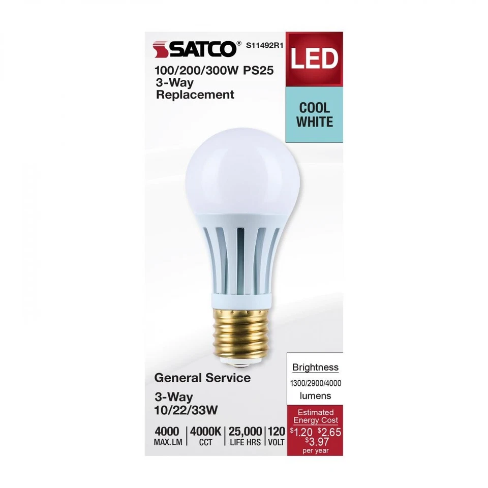 Satco S11492R1 - 10/22/33 Watt PS25 LED 3 Way Lamp - 4000K (1, 2, or 6 Pack) - Image 2 of 4