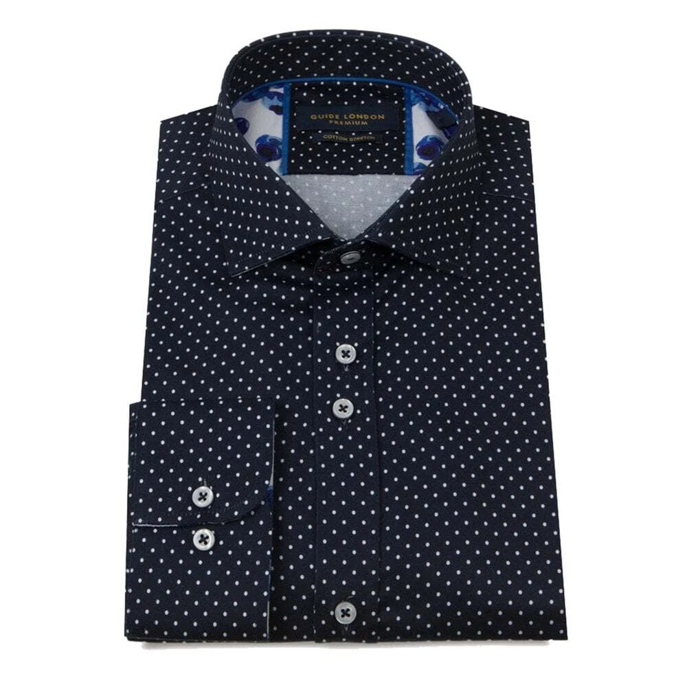 Guide London Men's Shirt Navy Polka Dot Blue Slim Fit RRP £85