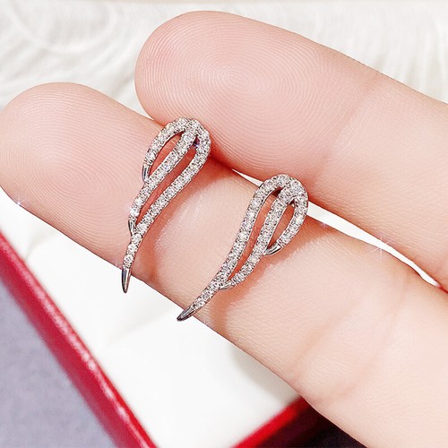 Women Cubic Zircon Wedding Stud Earring Adorable 925 Silver Feather Jewelry - Picture 6 of 7