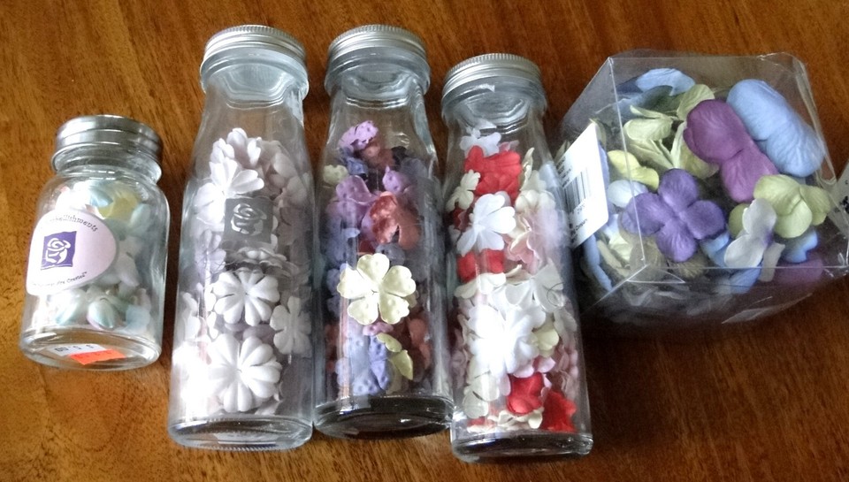 Prima Paper Flower Bottles Jars Embellishments LOT + Ribbons Scrapbook Cards etc eBay