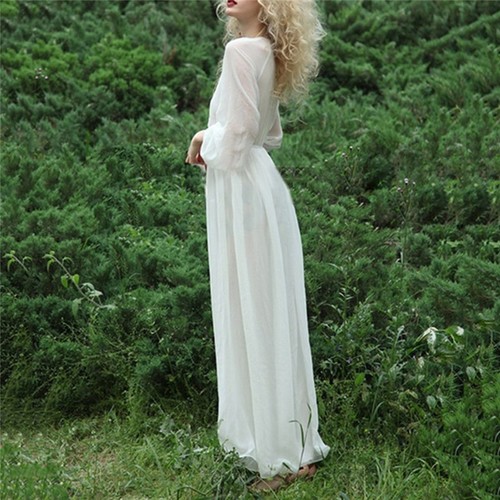 Women V-neck Long Sleeve Chiffon Maxi Dress Summer Casual Bohemian White Dresses - Picture 5 of 8