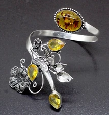 925 Sterling Silver Baltic Amber & Citrine Gemstone Jewelry Cuff Bracelet S-ADJ
