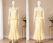 Show Me Your Mumu Pauline Peplum Dress Womens L Pale Yellow Luxe Satin Smocking