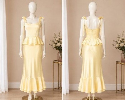 Show Me Your Mumu Pauline Peplum Dress Womens L Pale Yellow Luxe Satin Smocking