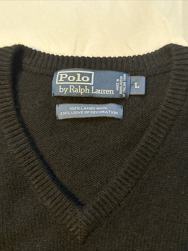 Vintage Polo Ralph Lauren Lambs Wool Sweater Mens Sz L Black V-Neck Purple Pony - Picture 5 of 5