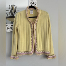CHANEL 2004 Knit Cashmere Cotton Cardigan Sweater Yellow Pink Crochet Trim 46