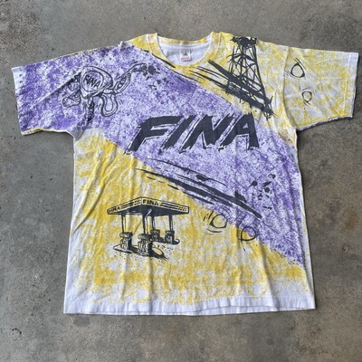 Vtg 90s Fina Gas And Oil Aop Tshirt Men s XL USA Made Petroleum Graphic Landman