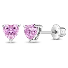 CZ Heart Solitaire 4mm Toddler / Kids Earrings Screw Back - Sterling Silver