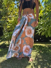 Hawaiian Design Sarong Orange Grey Tribal Hibiscus Honu Wrap Beach Pareo Dress