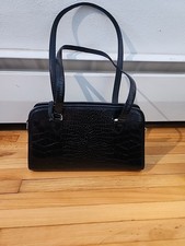 Brighton Croc Embossed Leather Handbag Black Double Handles Classic Bag Satchel