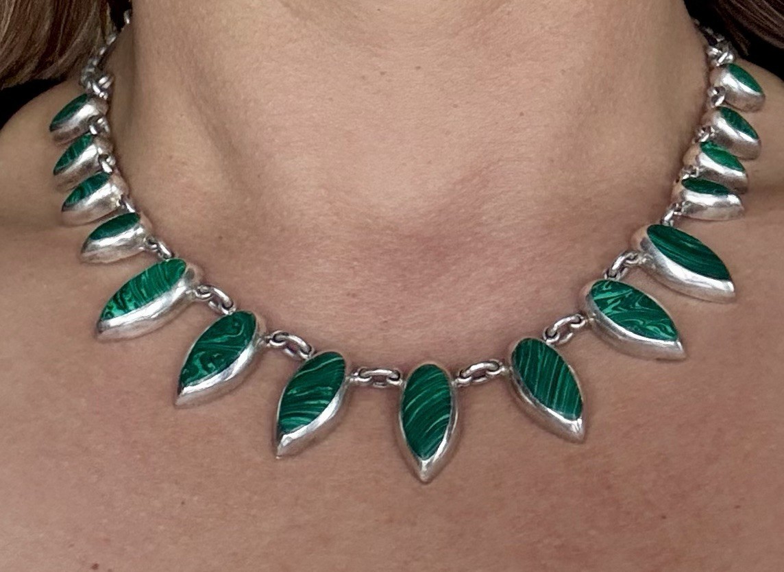 925 Mexican Sterling Silver Necklace with Matching Earrings Malachite Gemstone