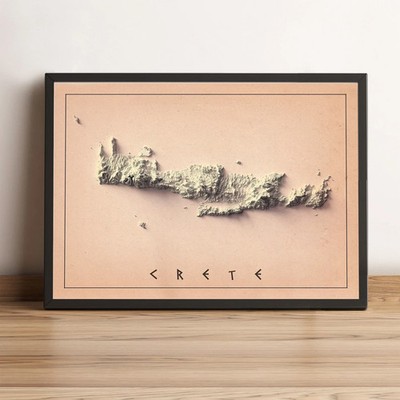 Crete, Greece Map, Crete 2D Relief Map, Crete Vintage Map - 2D Flat