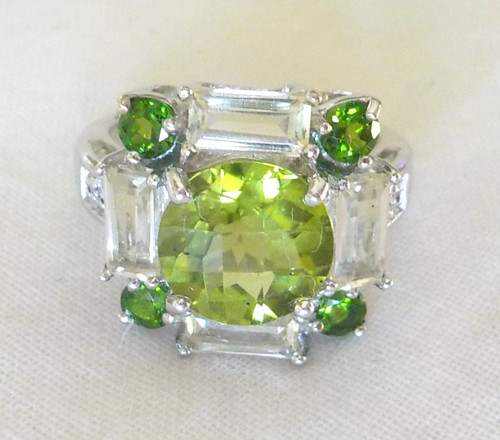 14K White Gold Peridot Tsavorite Topaz Diamond Ring - 5.40 gms, Sz 5.75, 3.64 ct