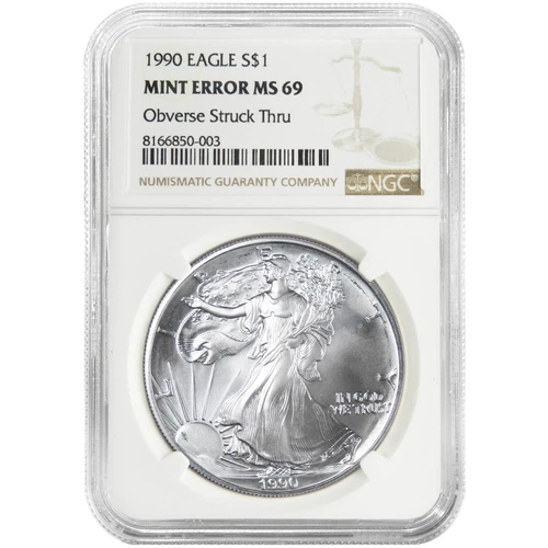 1990 $1 American Silver Eagle NGC MS69 Mint Error Obverse Strike Thru