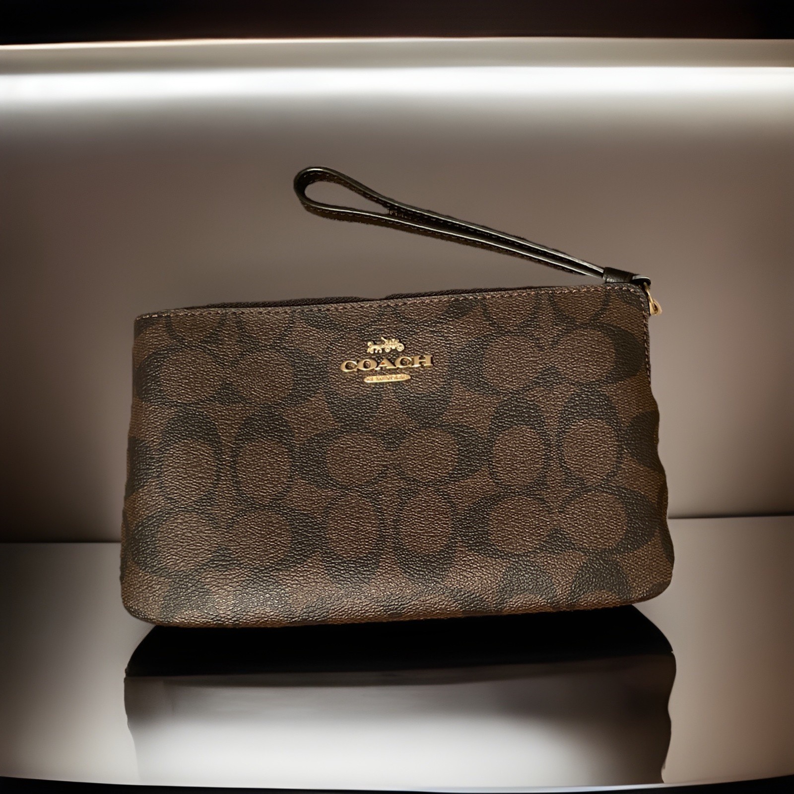 Coach Large Corner Zip Wristlet Signature Coated Canvas inside Fabric Lining