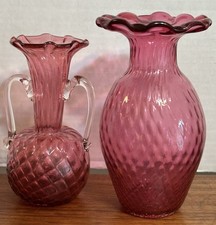 2 Vintage angelo rossi Cranberry Glass Vases Diamond Optic Reeded Necks