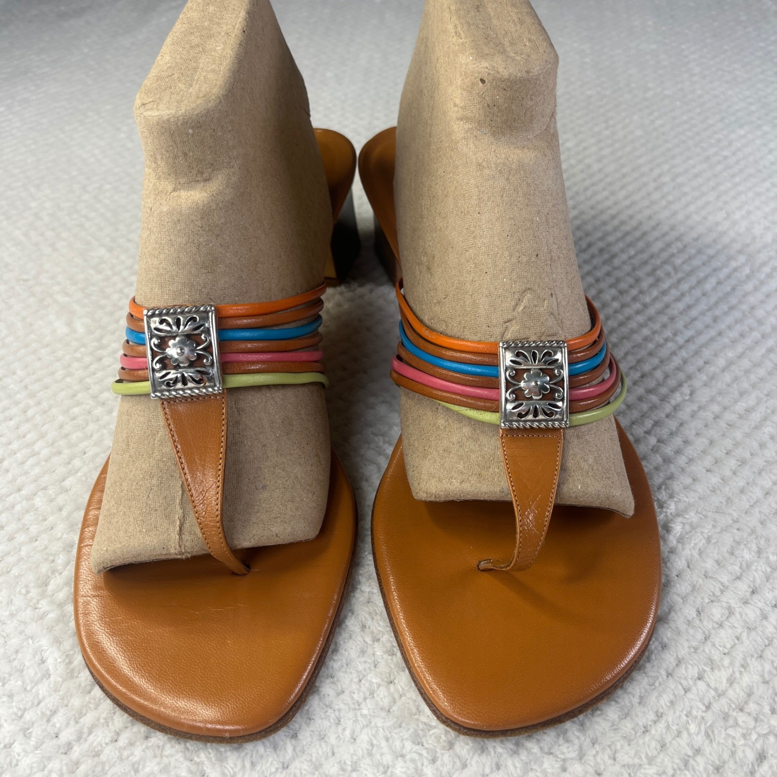 Brighton Kendal Leather Multi Color Strappy Block Heel Thong Sandals Womens 9 M