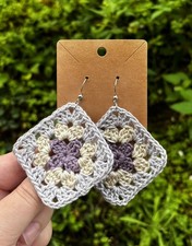 Bohemian Handcrafted Crochet Square Dangle Earrings Silver Cream Purple