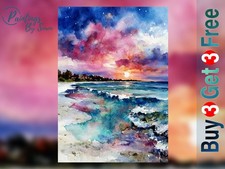 Beach Sunset Watercolour Print 5x7 | Coastal Ocean Landscape Wall Art