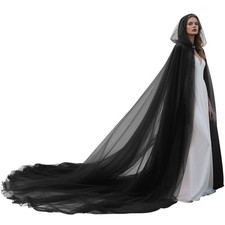 Tulle Hooded Cloak Long Sheer Cape 86'' Train for Halloween Wedding