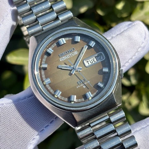 Vintage Seiko 5 Actus SS Automatic Caramel Waves Dial Japan Men Watch 6106-7690