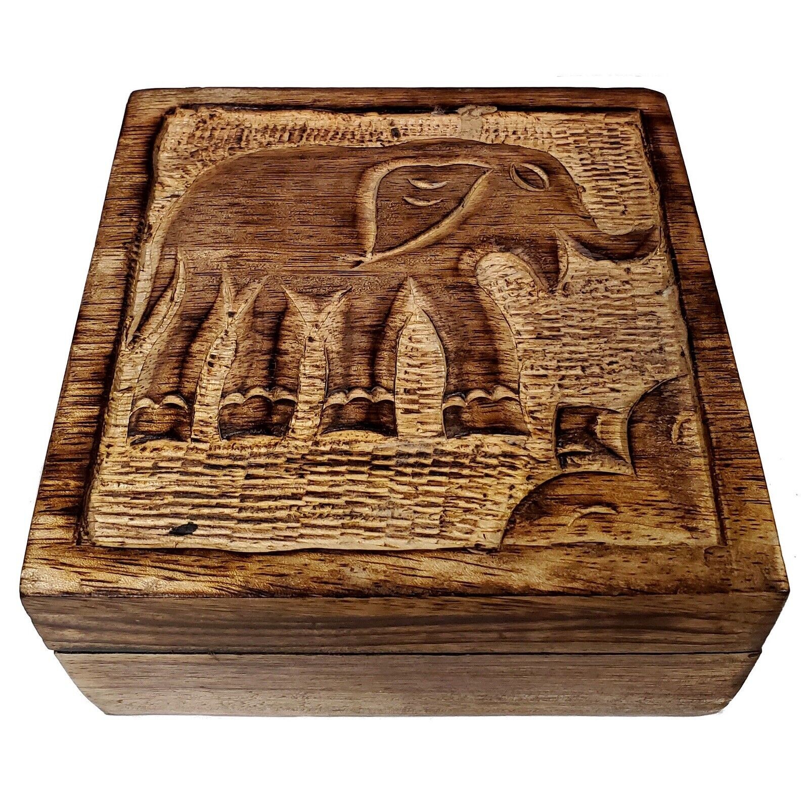 Elephant Hand Carved Wood Jewelry Keepsake Trinket Box 5 x 5 Inch New