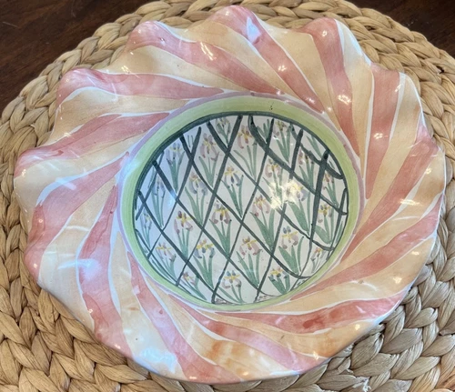 Vintage MacKenzie Childs Pottery Bearded Iris Ruffled Bowl 8.25 inches 1995