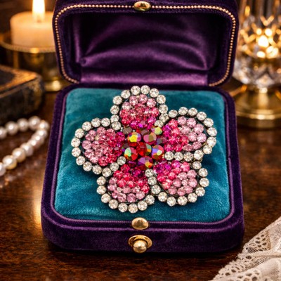 Vintage Pink Rhinestone Flower Brooch Pin with Clear Crystal Halo | Layered Flor
