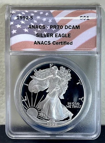 1992-S American SILVER Eagle 1 oz .999 Proof Coin ANACS PR70 DCAM Flag Label