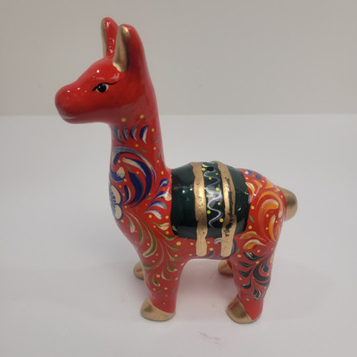 Peruvian Ceramic Llama Figurine Bright Colors Red Floral Hand Painted 6.75'' Tall