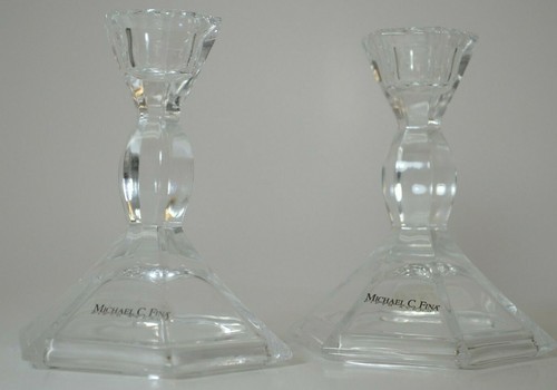 Crystal Candlesticks 24% Lead Crystal Hexagonal Pair Michael C Fina Fifth Avenue - Picture 3 of 5