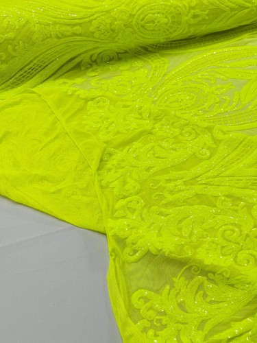 Big Damask Sequins - Neon Yellow on Black Damask Sequin 4 Way Stretch Mesh Yard - Picture 2 of 4