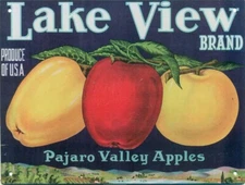 AD-VINTAGE STYLE METAL TIN ART REPRODUCTION HANGING SIGN-LAKE VIEW BRAND-APPLES