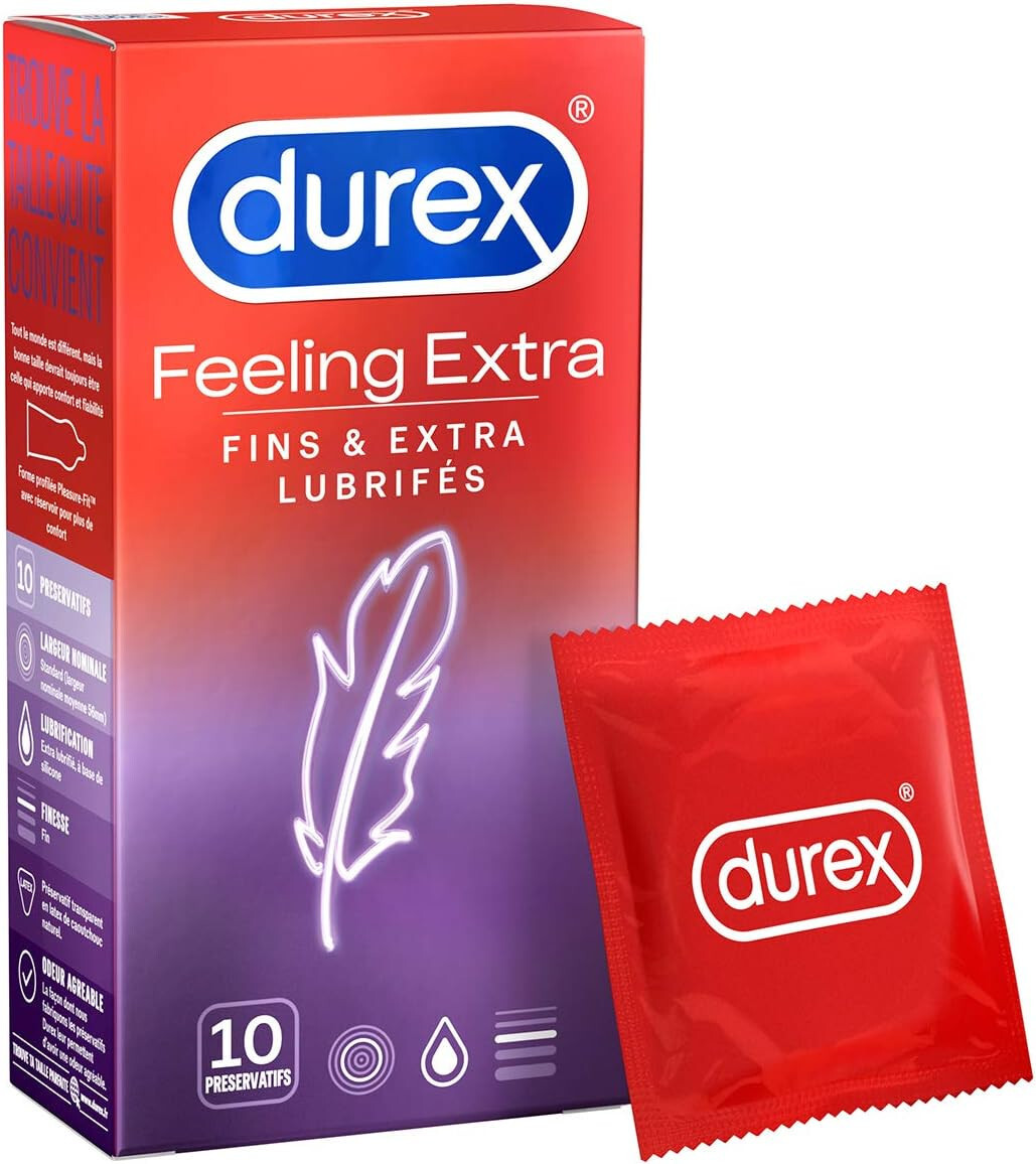 Durex Feeling Extra Kondome für Männer, 10 Stück, Fins & Extra Lubrifés