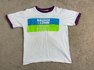 Vintage T-Shirt Mens Large Single Stitch USA Ringer Bausch & Lomb Soflens White