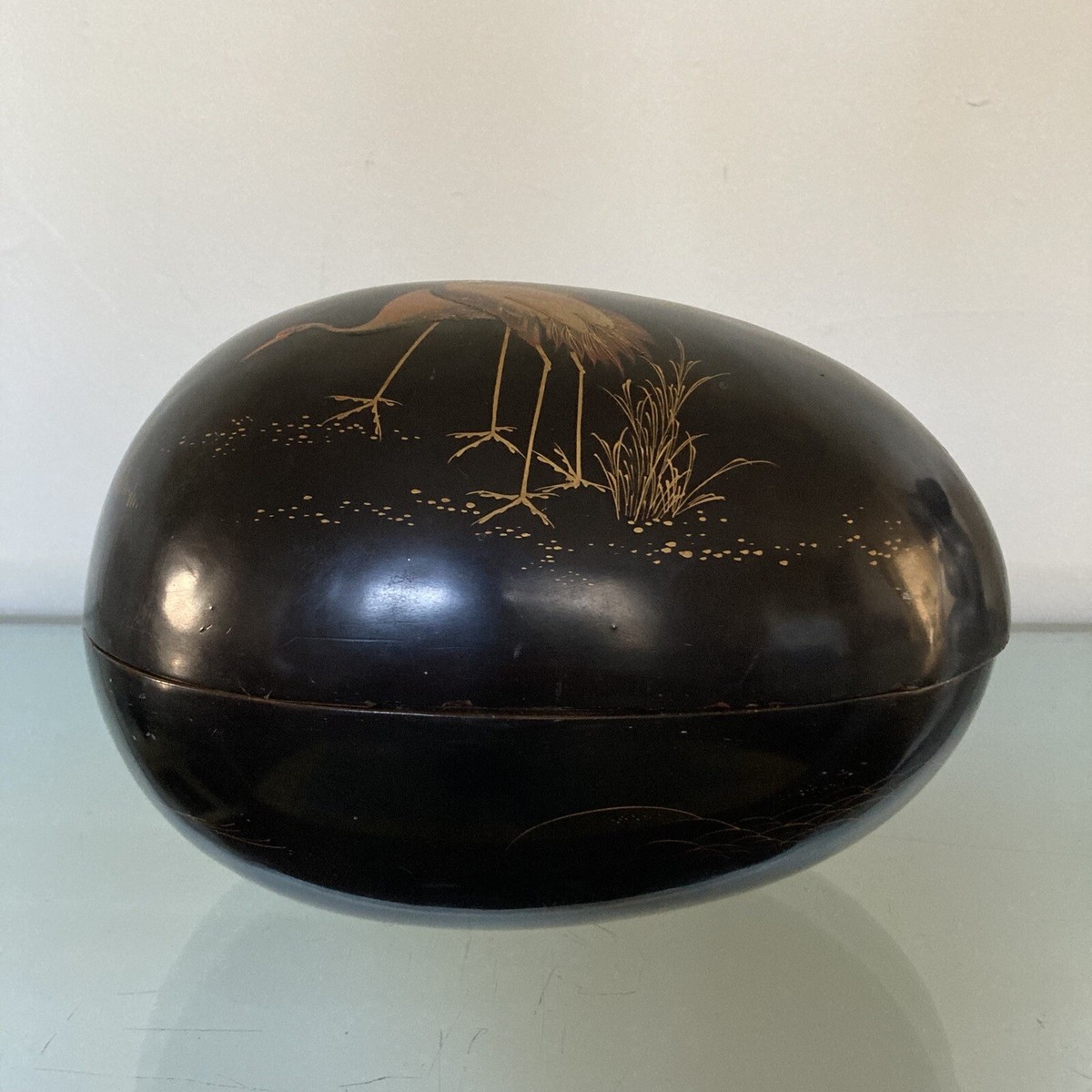 Large Antique Japanese Hand Painted Gold Crane Wooden Egg