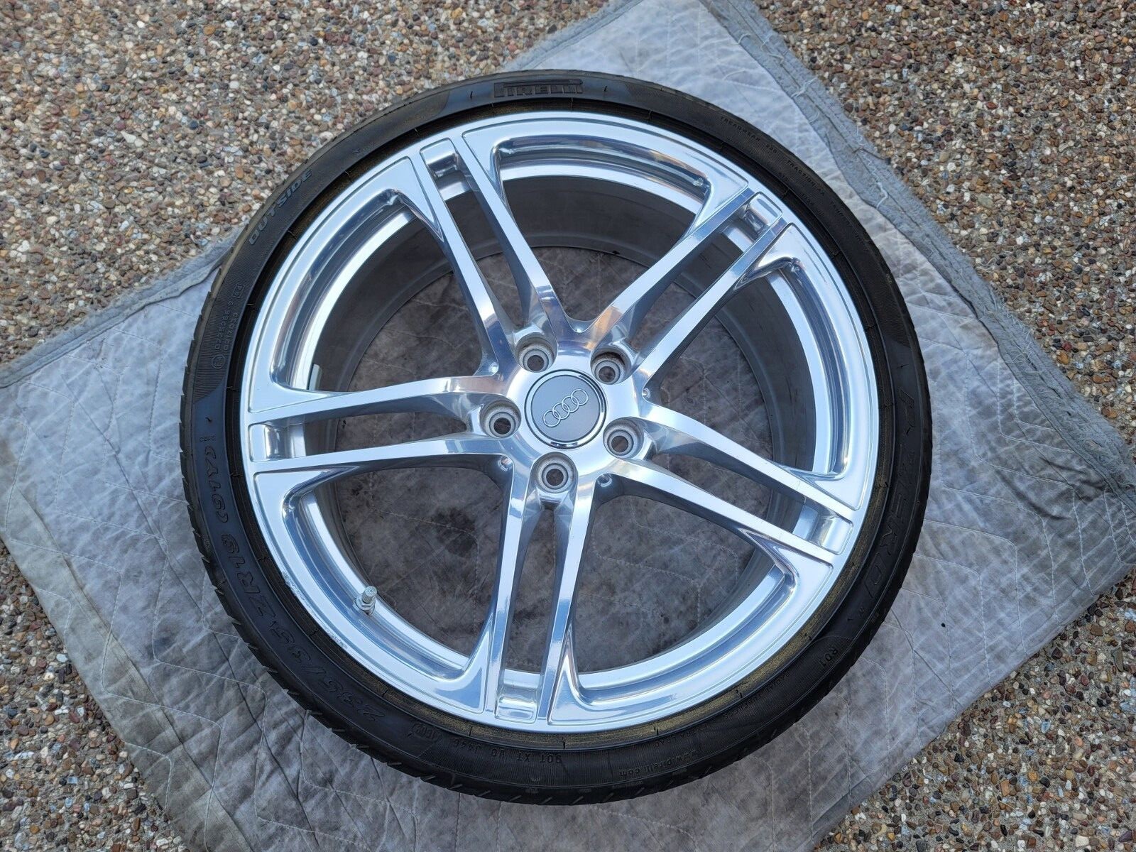 AUDI R8 OEM GENUINE 5 SPLIT SPOKE 19" POLISHED SILVER WHEEL TIRE TPMS & CAPS SET