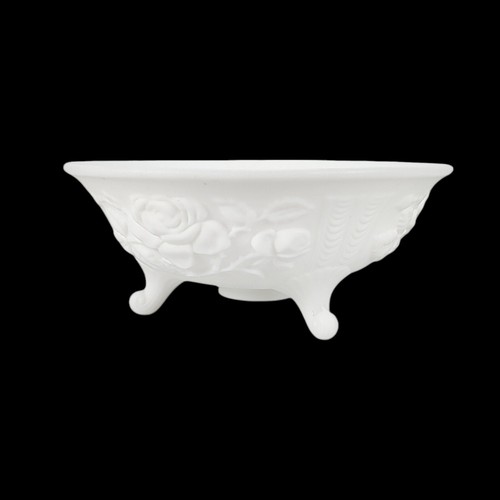 Imperial White Milk Glass Footed Bowl With Rose Pattern Vintage