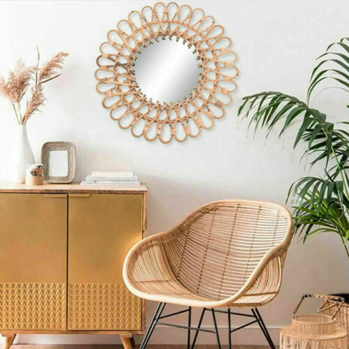 Vintage Handwoven Round Natural Rattan Wall Hanging Mirror For Home Decor