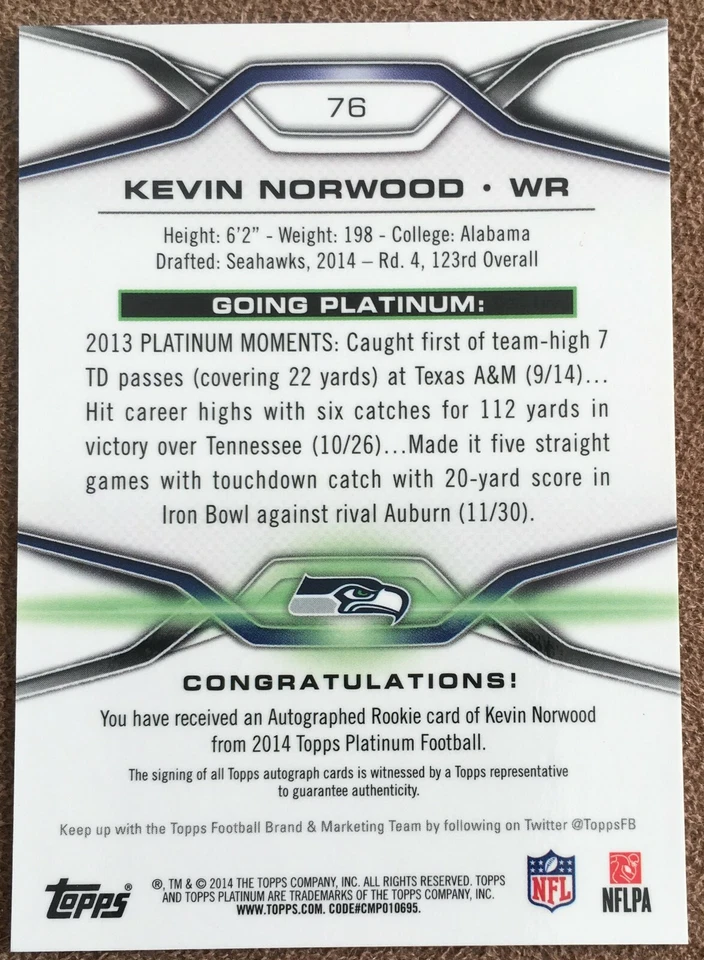 Kevin Norwood 2014 Topps Platinum Autograph GOLD Refractor Rookie #76 /15 SSP RC - Image 3 of 3